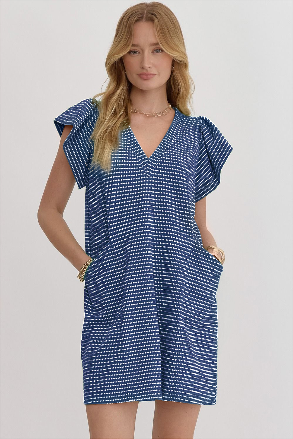 Blue Stripe Textured Knit V Neck Flutter Sleeve Shift Mini Dress - loveforevers