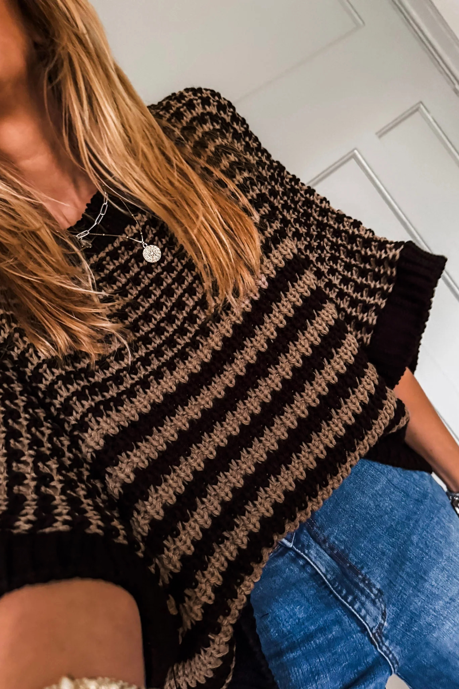 Black Stripe 3/4 Draped Sleeve Slouchy Sweater - loveforevers