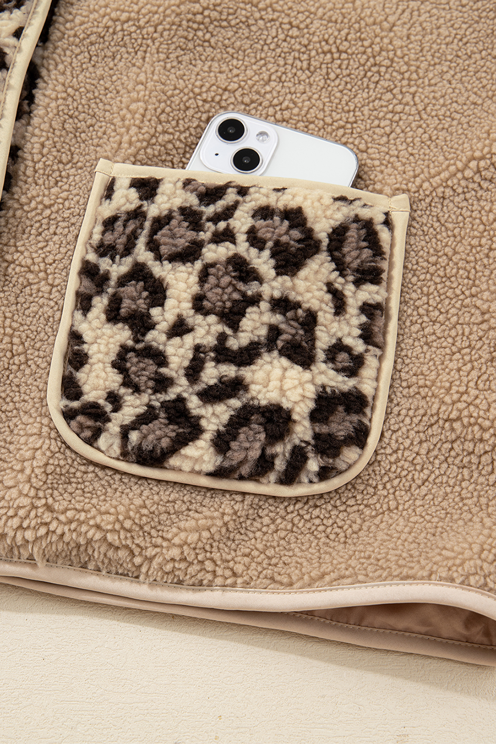 Casual Leopard Print Accent Plush Jacket with Pockets - loveforevers