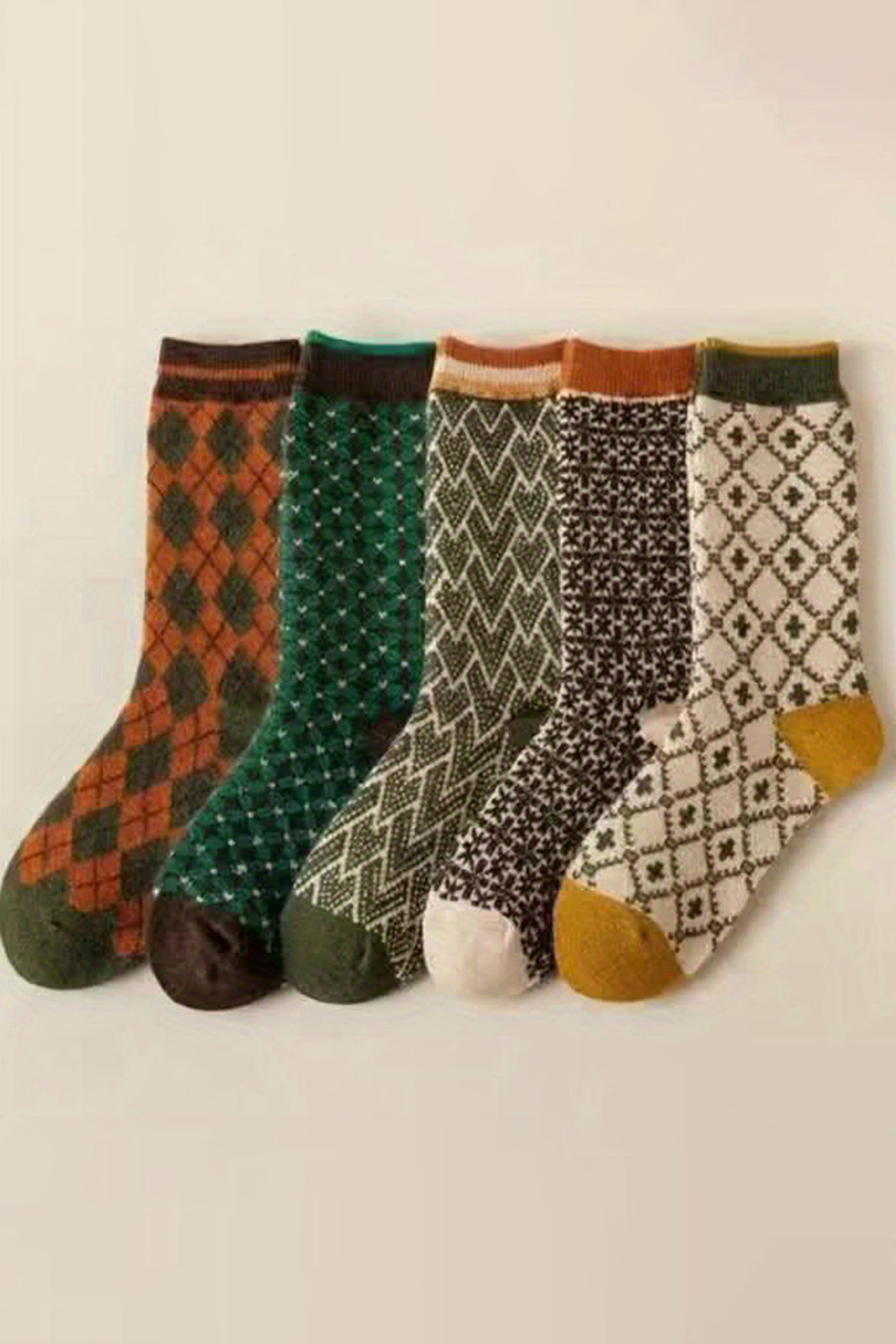 Guacamole Green 5 Pairs Retro Geometric Pattern Combed Cotton Socks Set - loveforevers