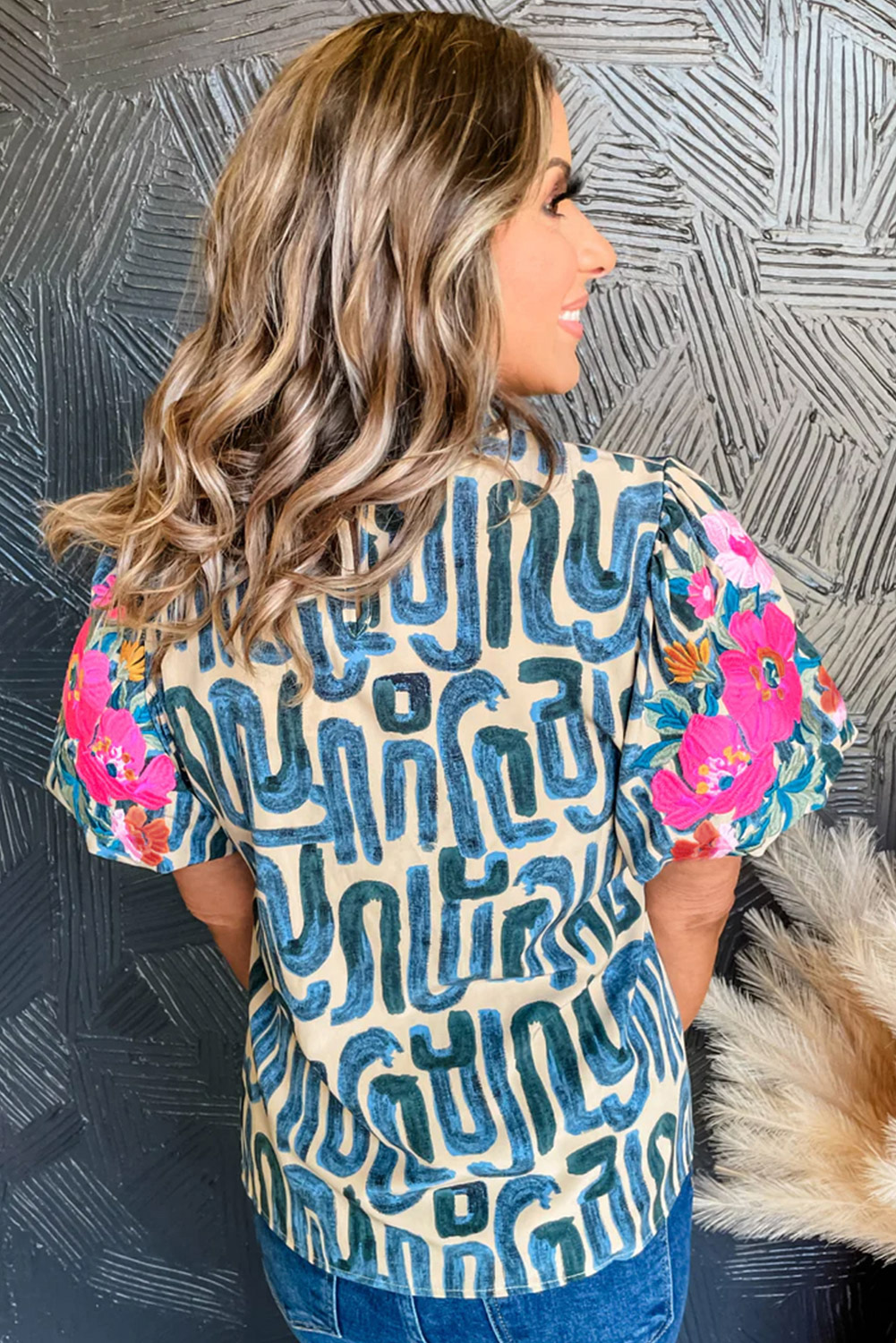 Beige Abstract Print Bubble Sleeve Button up Mini Dress - loveforevers