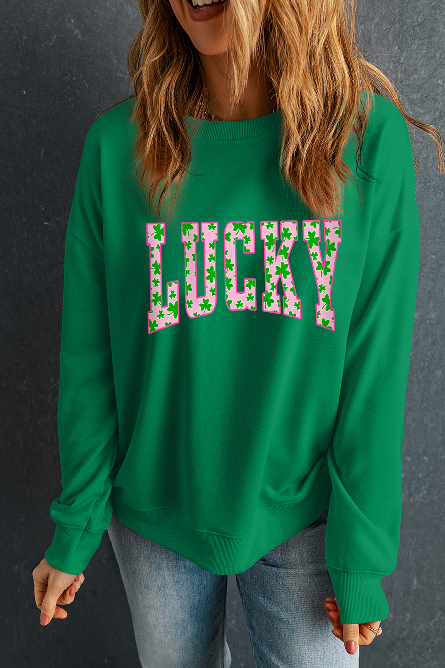 Dark Green LUCKY Clover Letter Printed Loose Pullover Sweatshirt - loveforevers