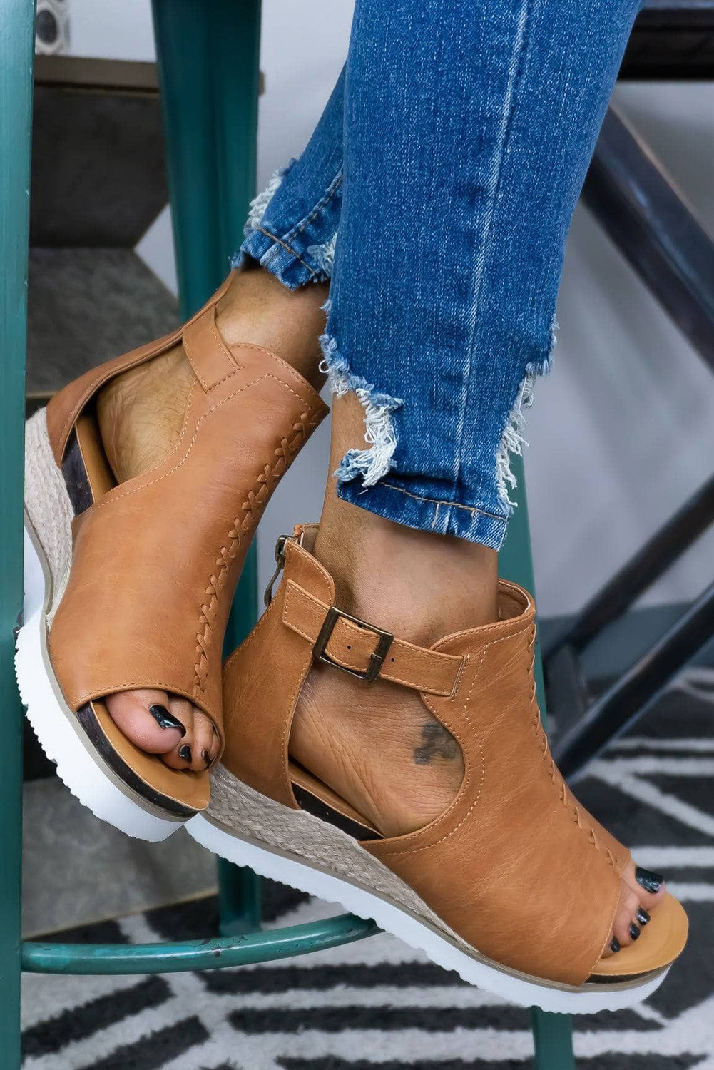 Brown PU Cutout Buckle Strap Platform Sandals - loveforevers