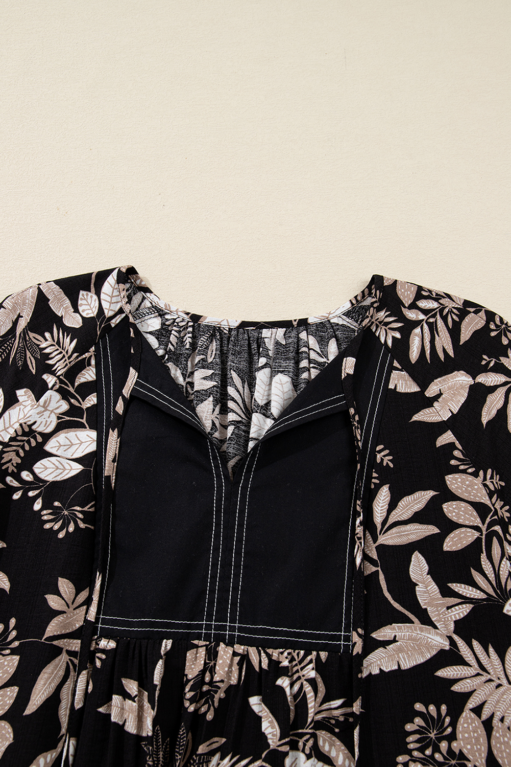 Black 3/4 Sleeve Botanical Print Split Neck Loose Mini Dress - loveforevers
