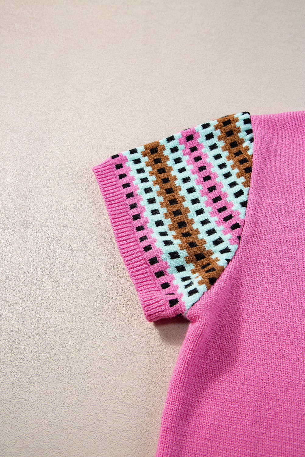 Bright Pink Contrast Printed Cap Sleeves Crewneck Sweater - loveforevers