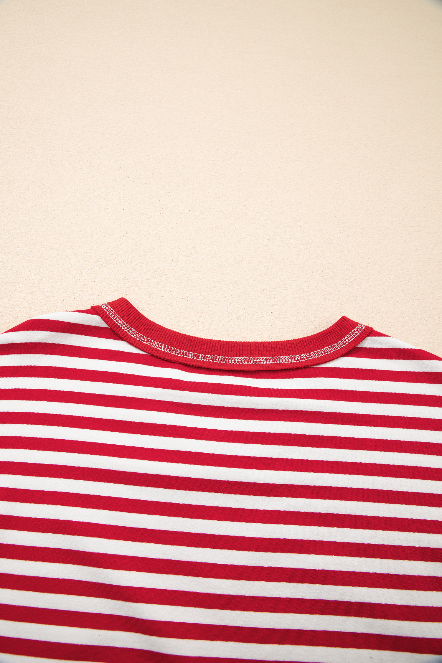 Red Stripe Exposed Seam V Neck Balloon Sleeve Pullover - loveforevers