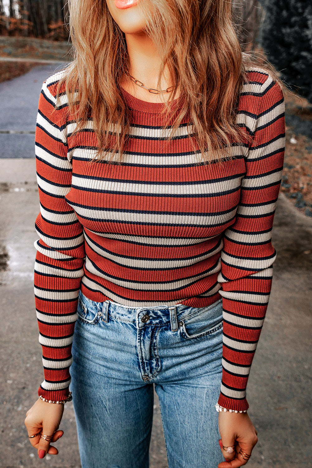 Striped Print Ribbed Knit Slim Fit Top - loveforevers