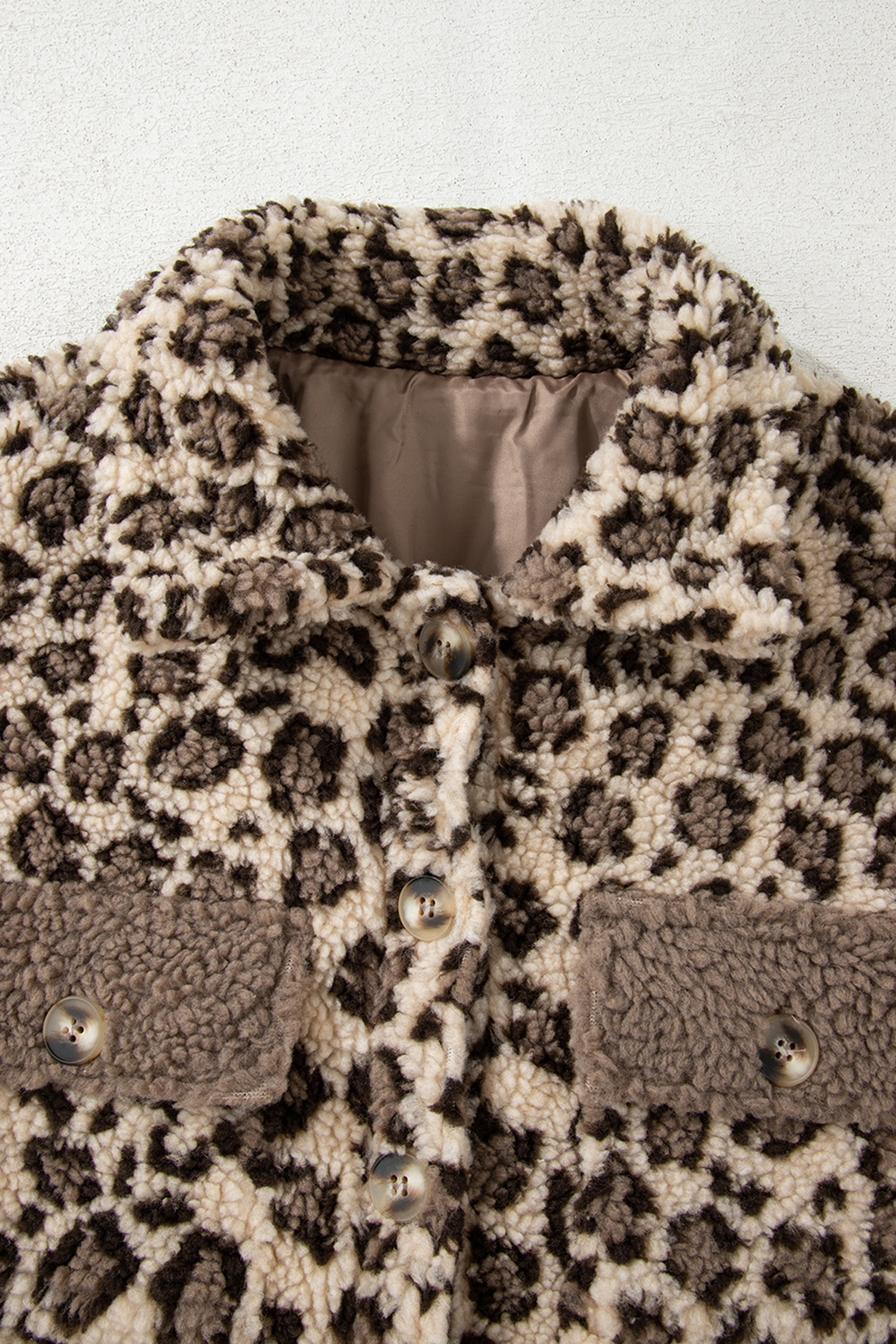 Brown Sherpa Leopard Print Flap Pocket Collared Button Up Jacket - loveforevers