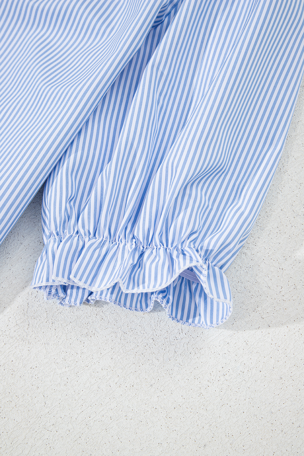 Sky Blue Stripe Ruffled Collar Puff Sleeve Half Buttons Blouse - loveforevers