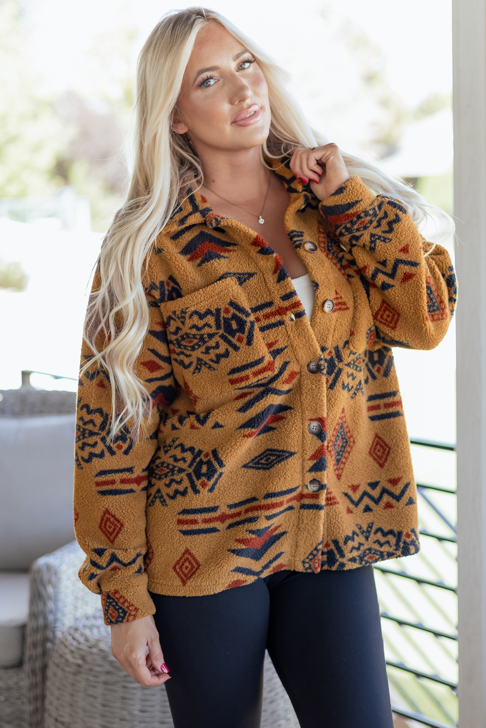 Khaki Western Aztec Pattern Fleece Shacket - loveforevers