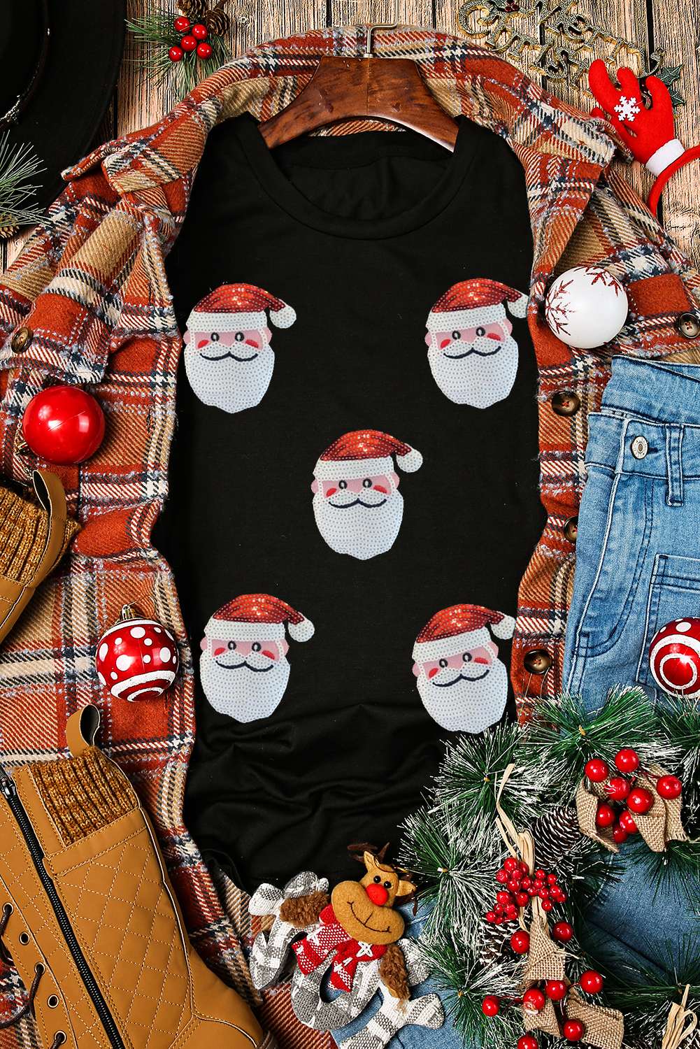 Black Faux Sequin Christmas Claus Pattern Crewneck T Shirt - loveforevers