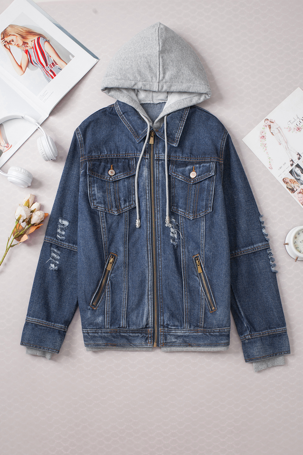 Dark Blue Fake Two-Piece Hooded Zip-Up Denim Jacket - loveforevers