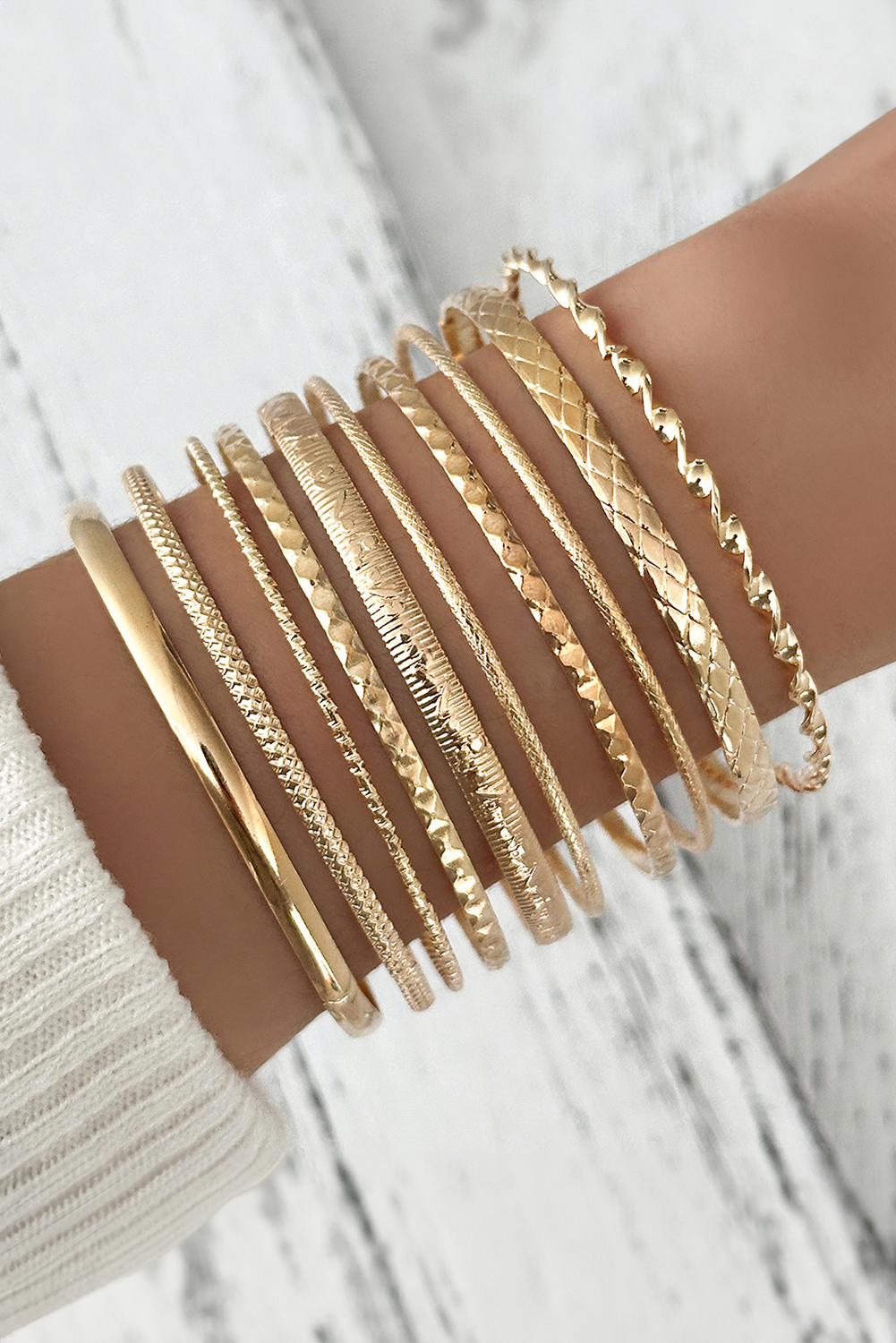 Gold 10pcs Textured Twisted Stackable Alloy Bracelet Set - loveforevers