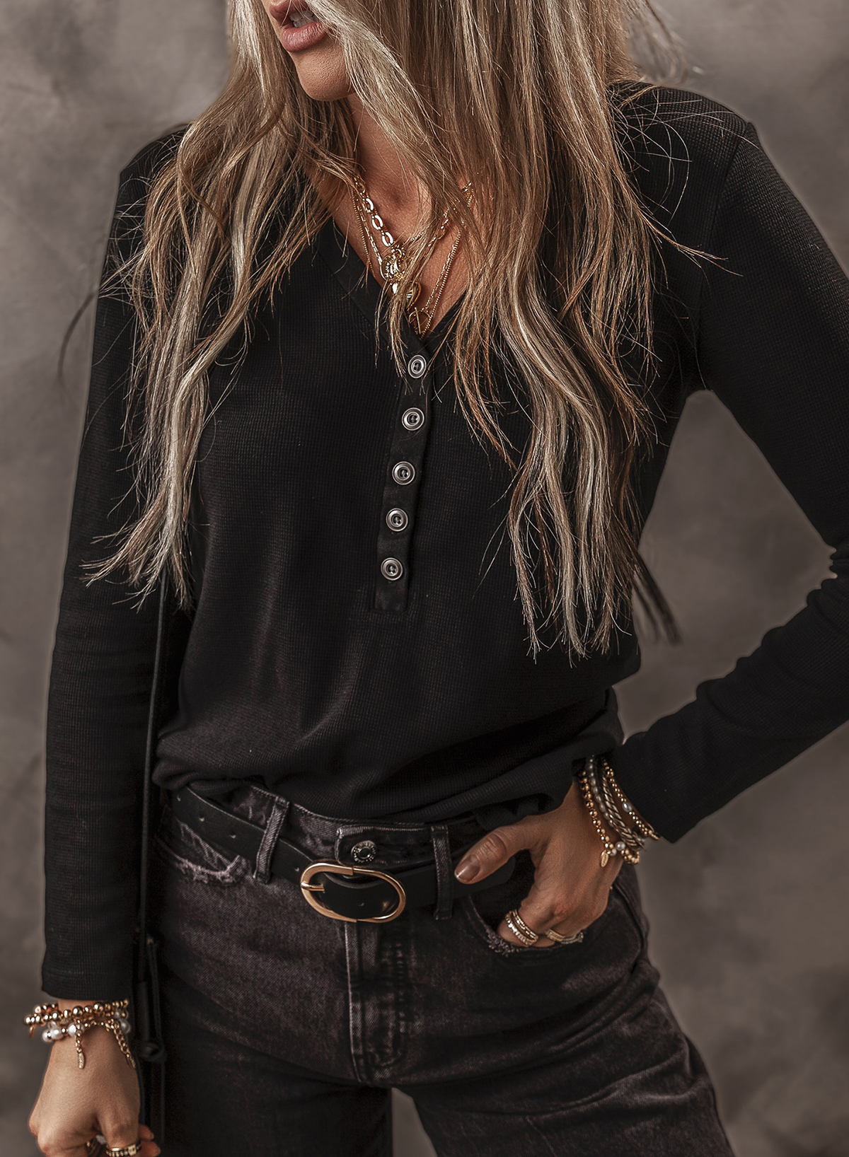 Black Buttoned V Neck Long Sleeve Ribbed Top - loveforevers