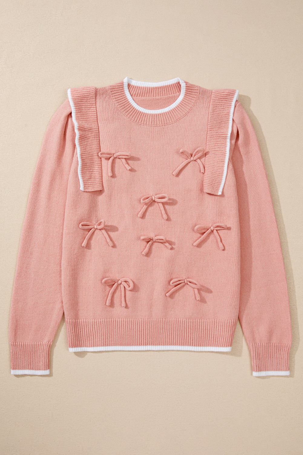 Light Pink Ruffled Bowknot Ribbed Trim Long Sleeve Sweater - loveforevers