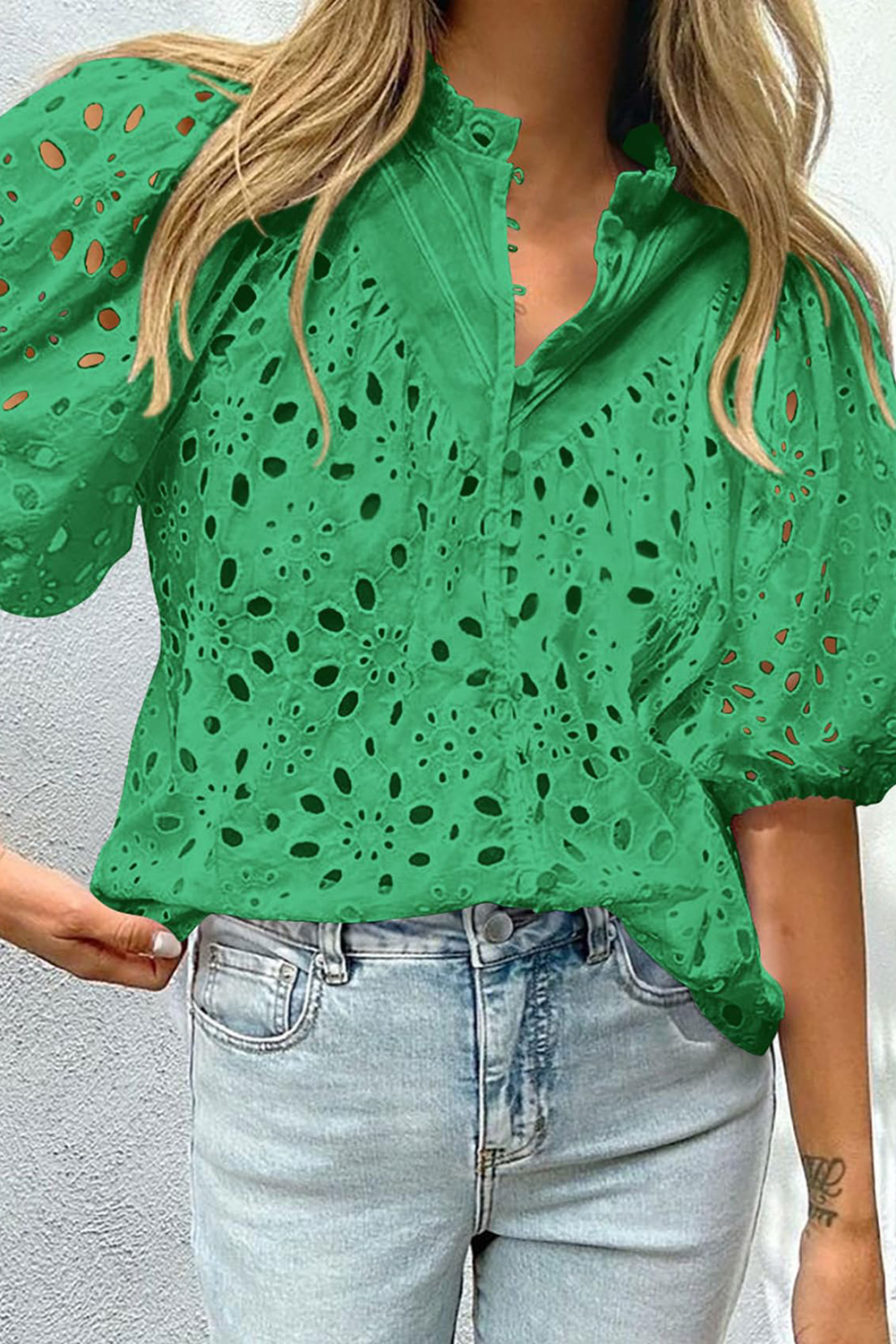 Green Flower Embroidered Hollow-out Puff Sleeve Blouse - loveforevers