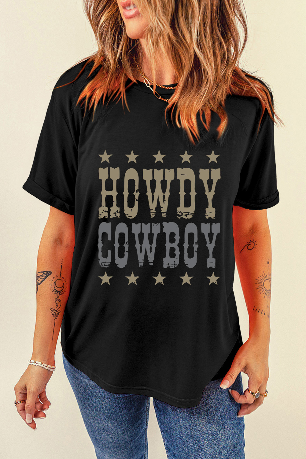 Black HOWDY COWBOY Star Print Crew Neck Loose T Shirt - loveforevers