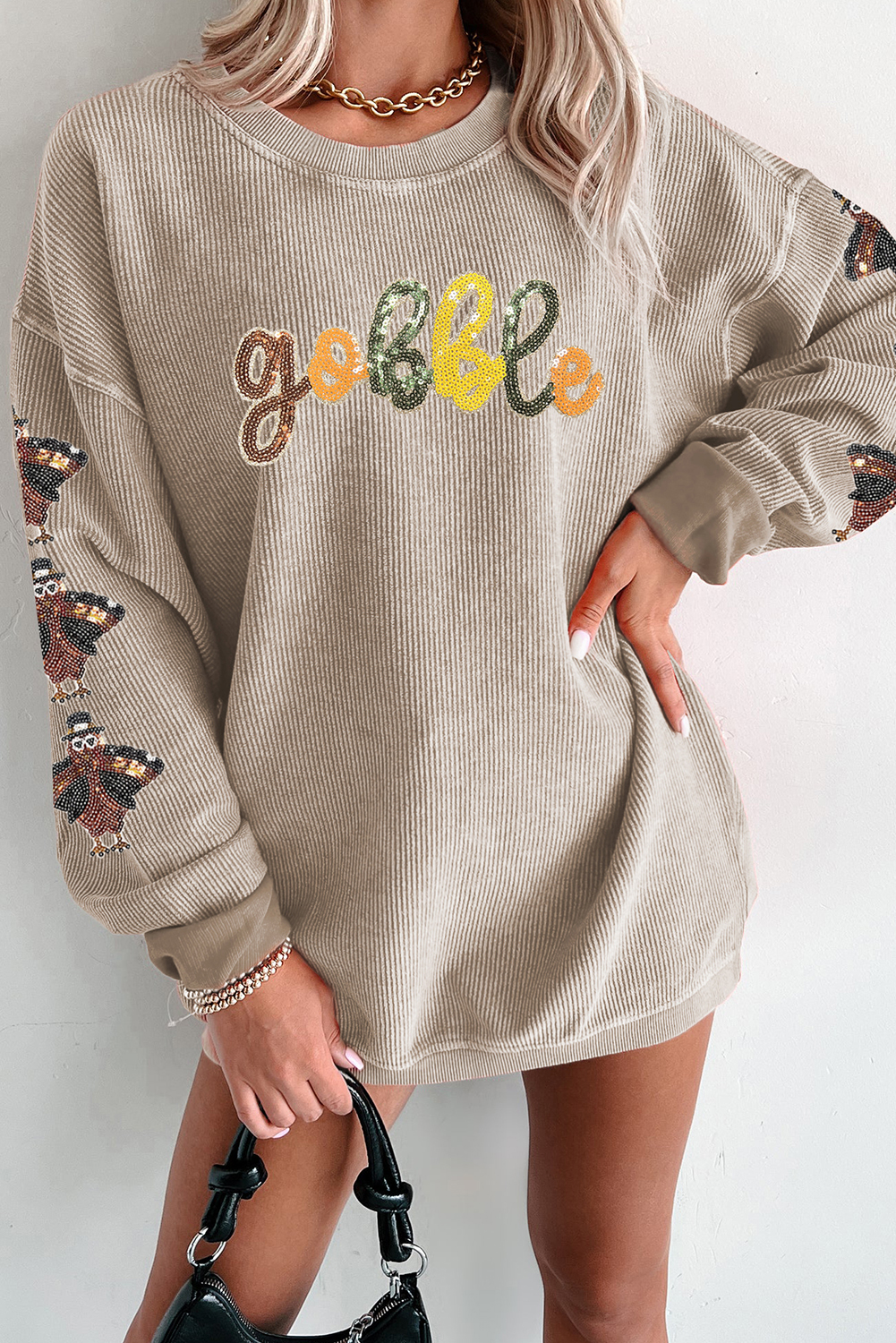 Smoke Gray Corded Ribbed Thanksgiving Turkey Sequin Patched Sleeve gobble Baggy Sweatshirt - loveforevers