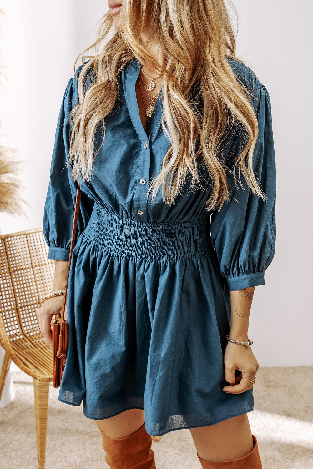 Prussian Blue 3/4 Sleeve Shirred High Waist Buttoned Mini Dress - loveforevers