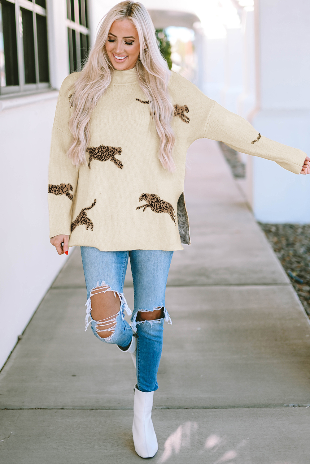 Parchment Lively Cheetah Print High Neck Split Hem Sweater - loveforevers
