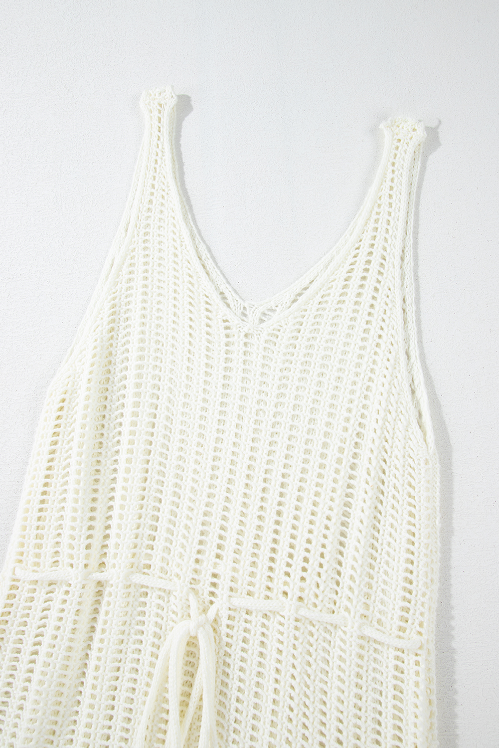 White Crochet Fishnet Fringed Edge V Neck Beach Cover Up - loveforevers