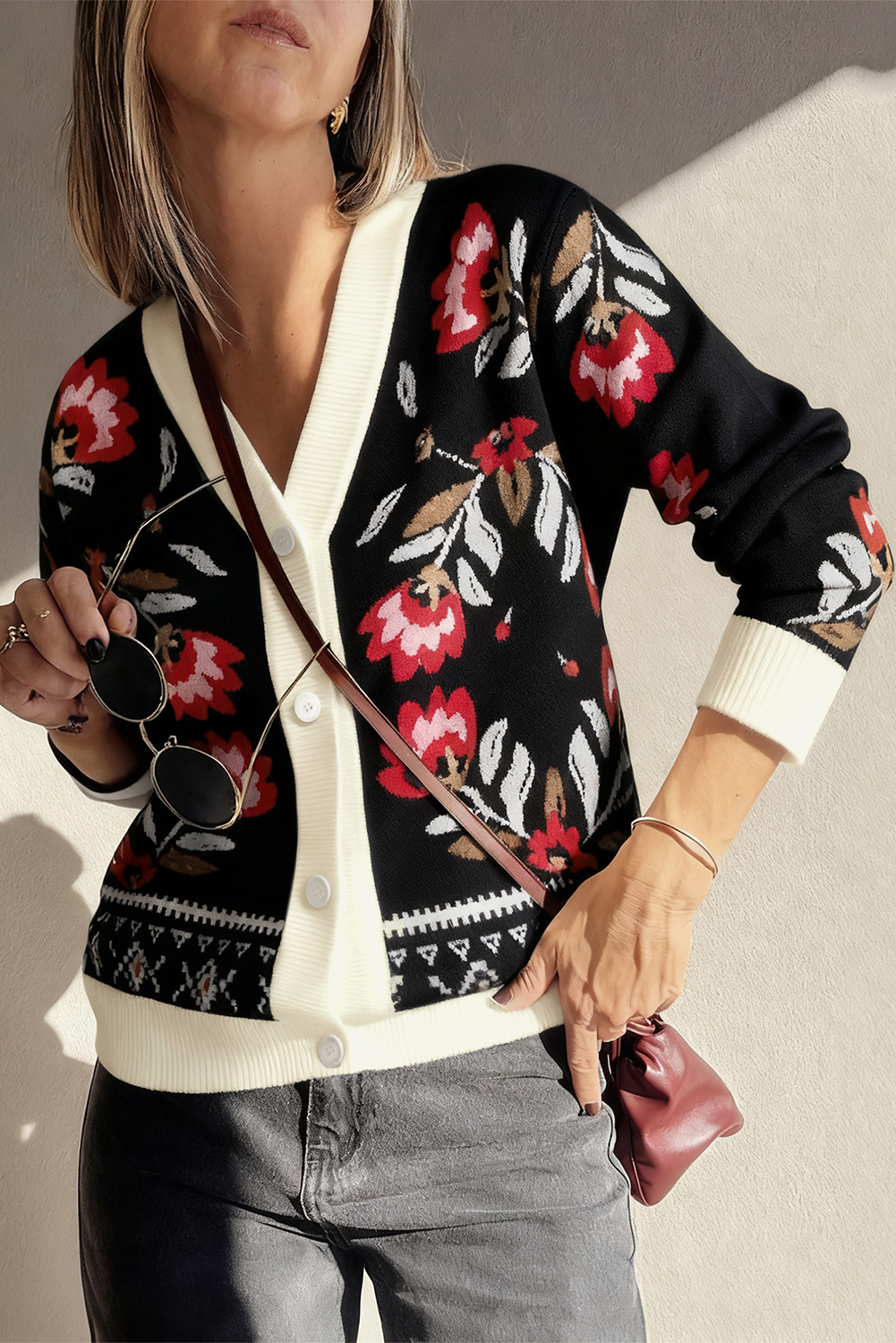 Black Floral Print Buttoned Front V Neck Knit Cardigan - loveforevers