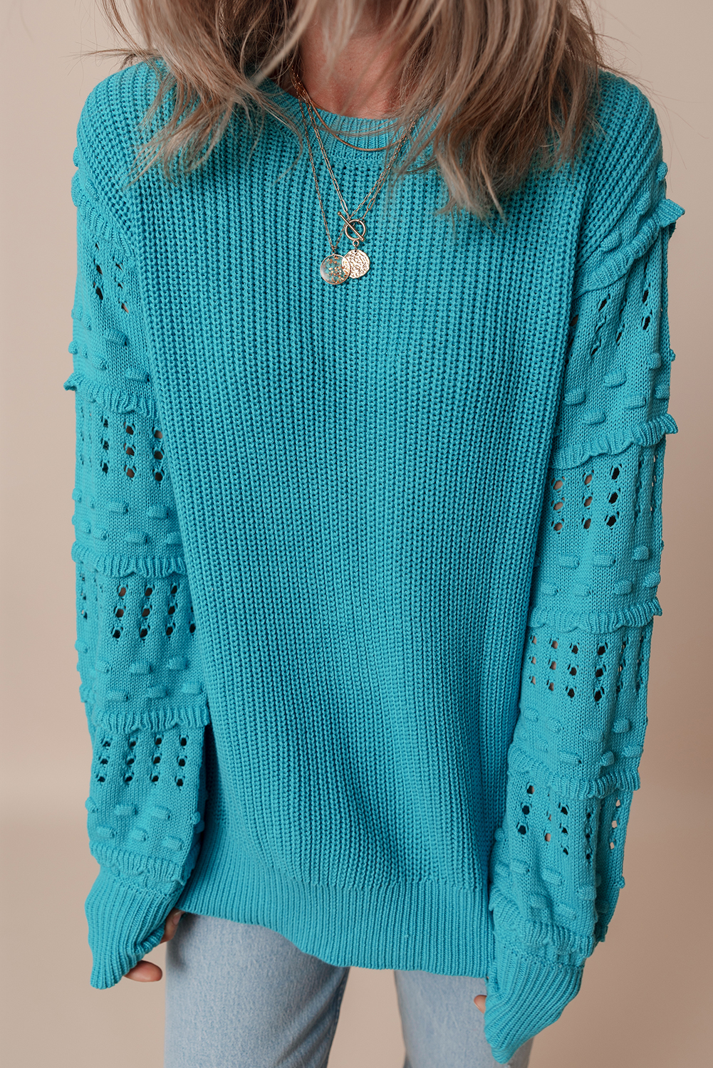 Turquoise Ruffled Eyelet Bubble Sleeve Sweater - loveforevers