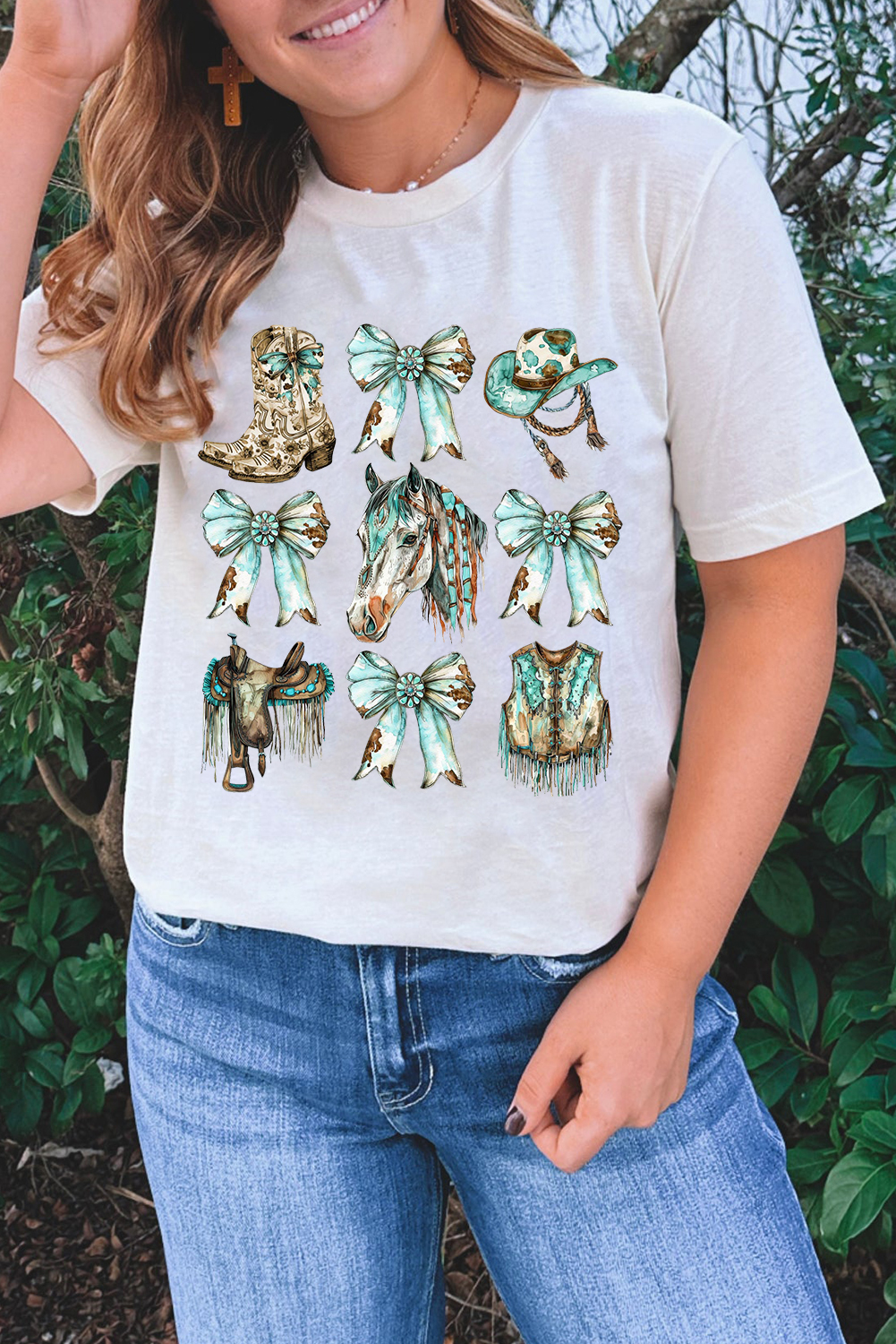 White Horse Bowknot Cowgirl Fashion Print Crewneck Tee - loveforevers