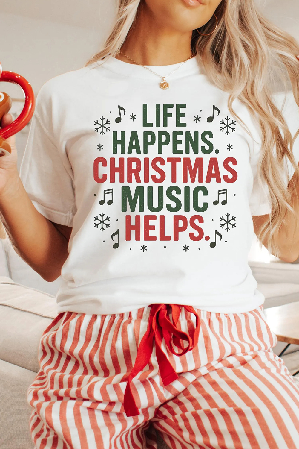 White LIFE HAPPENS CHRISTMAS MUSIC HELPS Graphic Tee - loveforevers