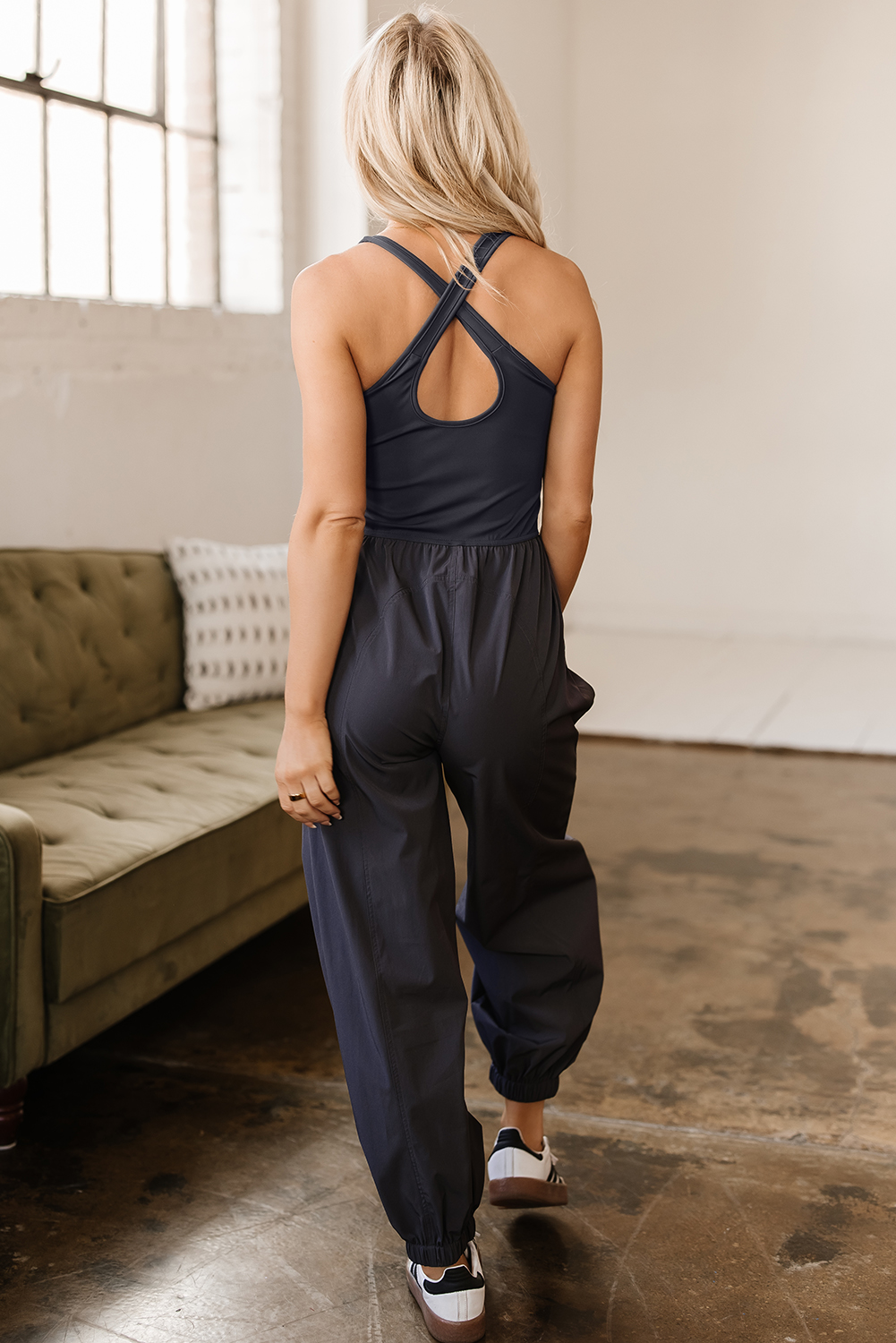 Carbon Grey Back Crossed Straps Hollow Out Jogger Jumpsuit - loveforevers