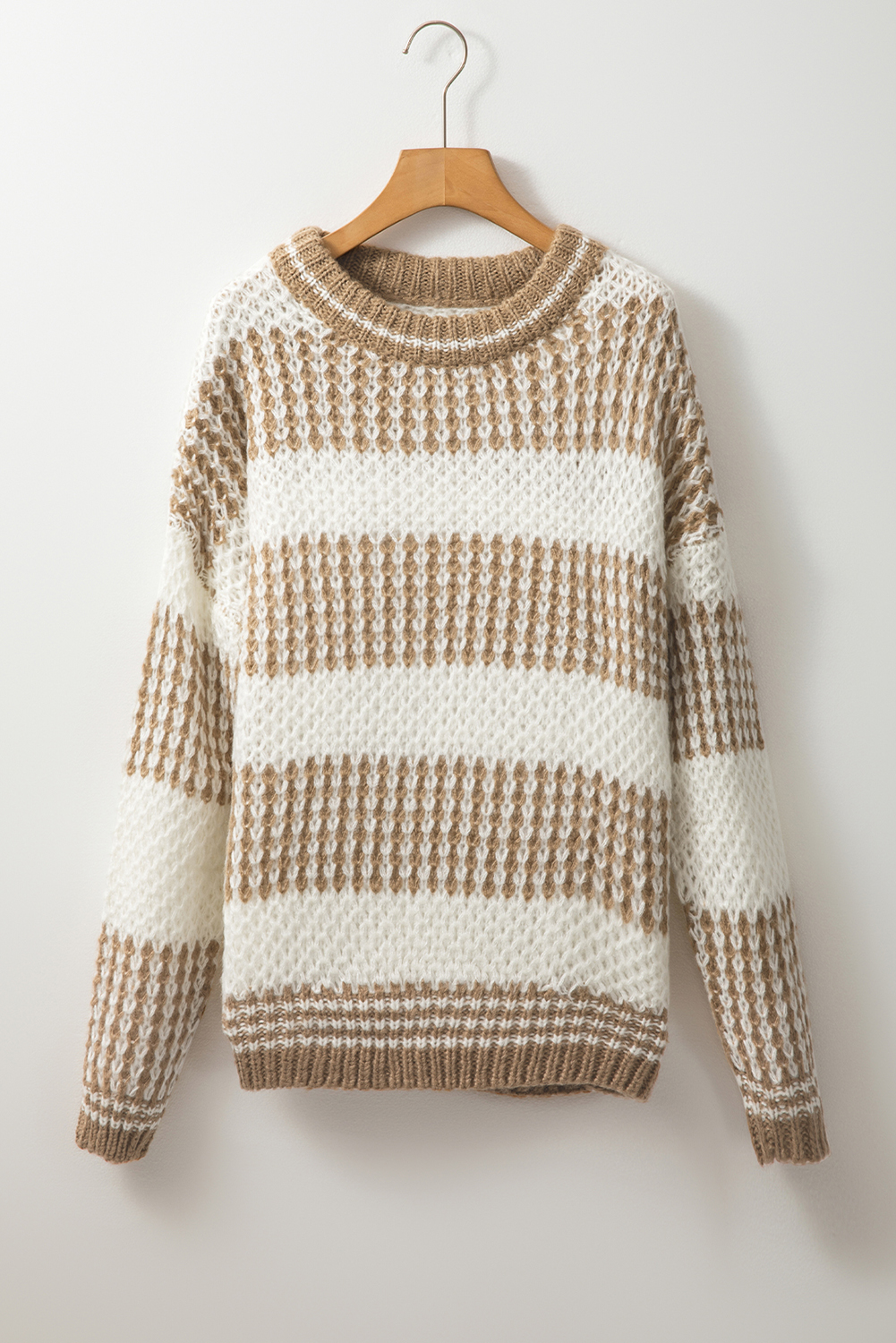 Brown Stripe Drop Shoulder Round Neck Loose Sweater - loveforevers