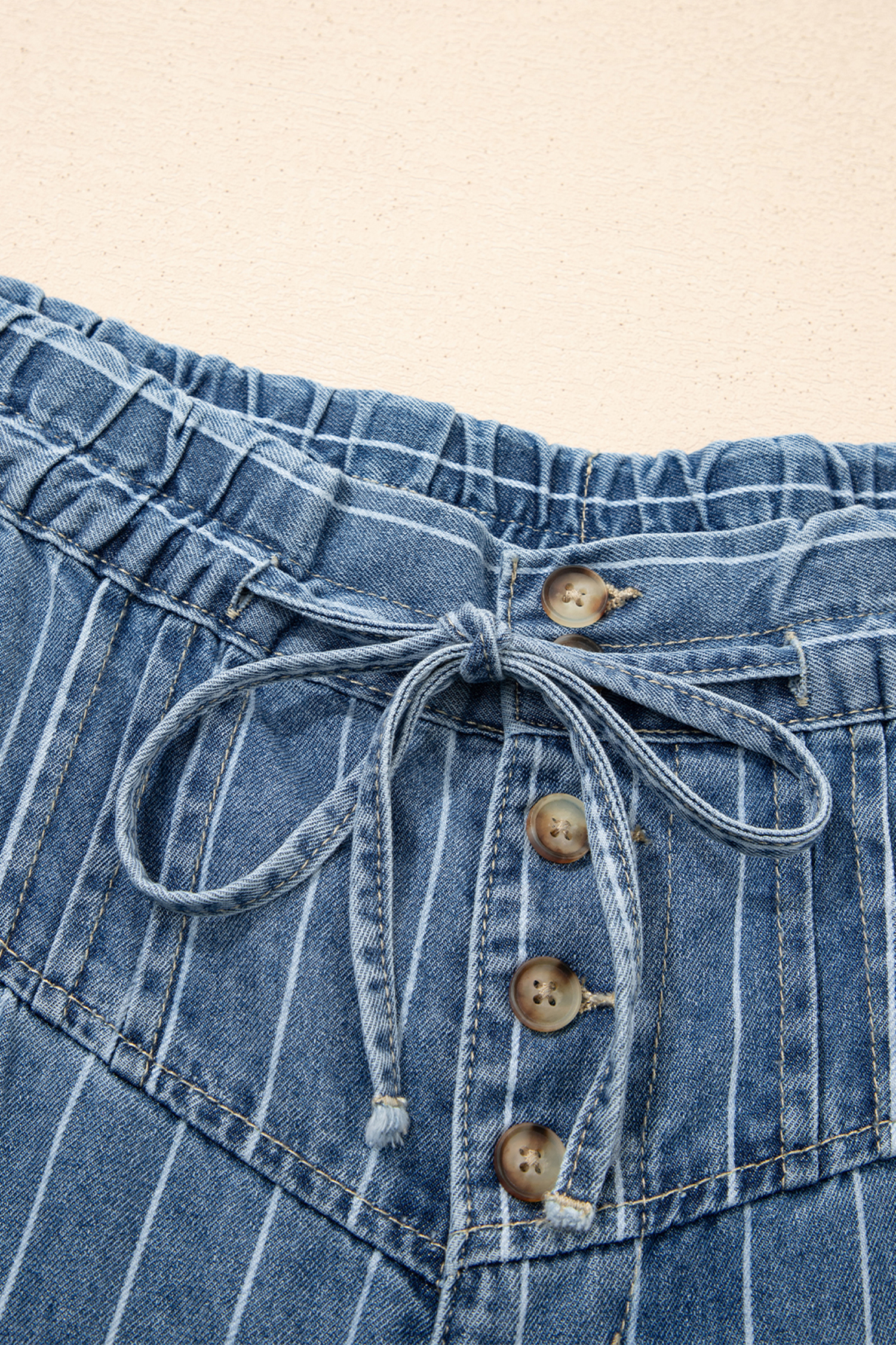 Sky Blue Stripe Button Pleated Drawstring Waist Casual Wide Leg Jeans - loveforevers