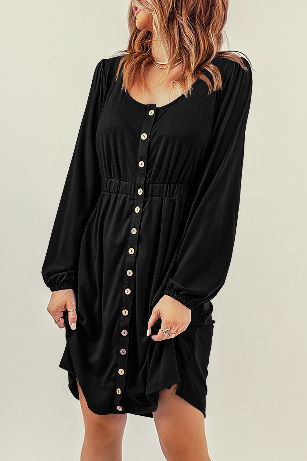 Black Button Up High Waist Long Sleeve Dress - loveforevers