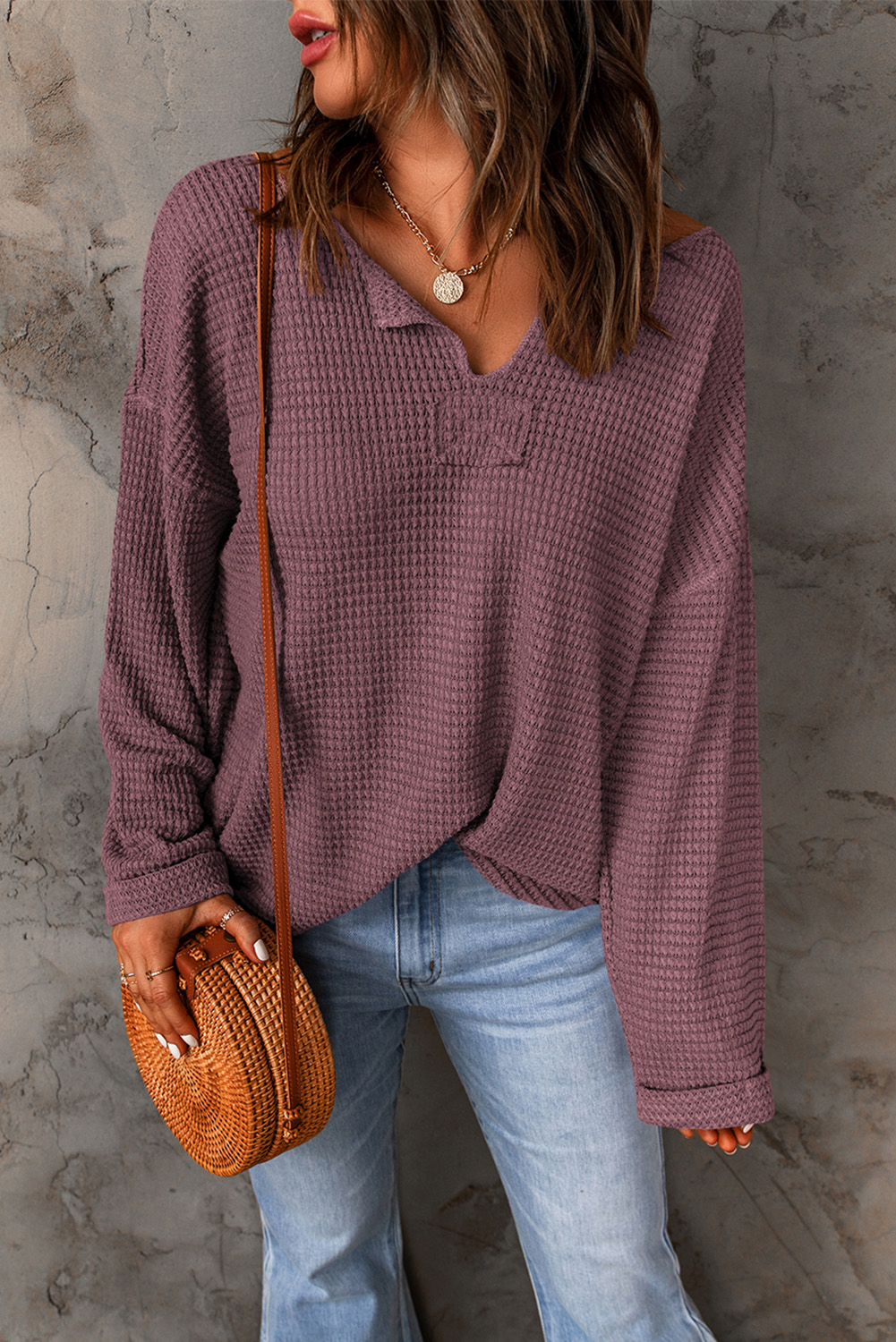 purple Waffle Knit Loose Long Sleeve Top - loveforevers