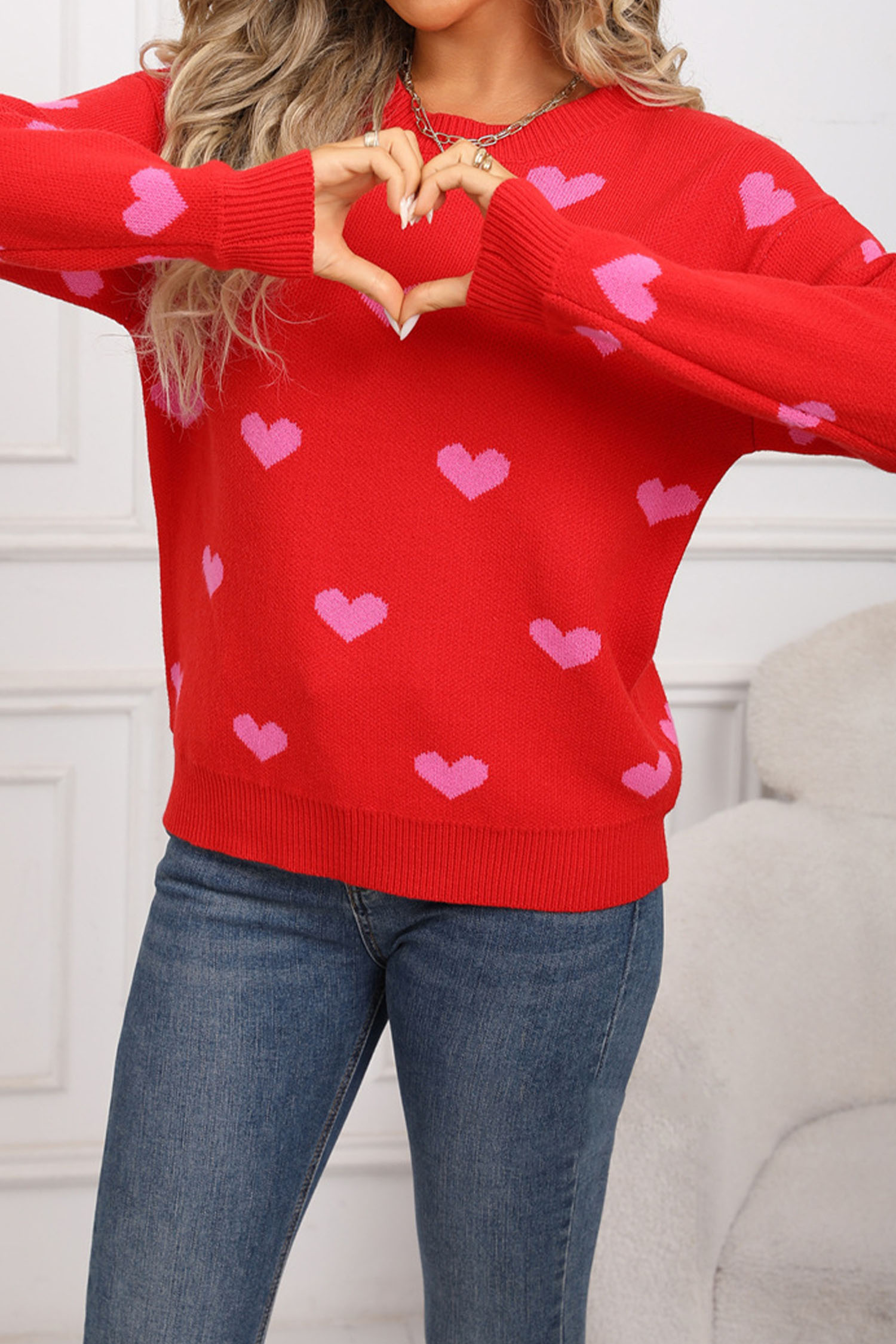 White Classic Round Neck Drop Shoulder Heart Print Sweater - loveforevers