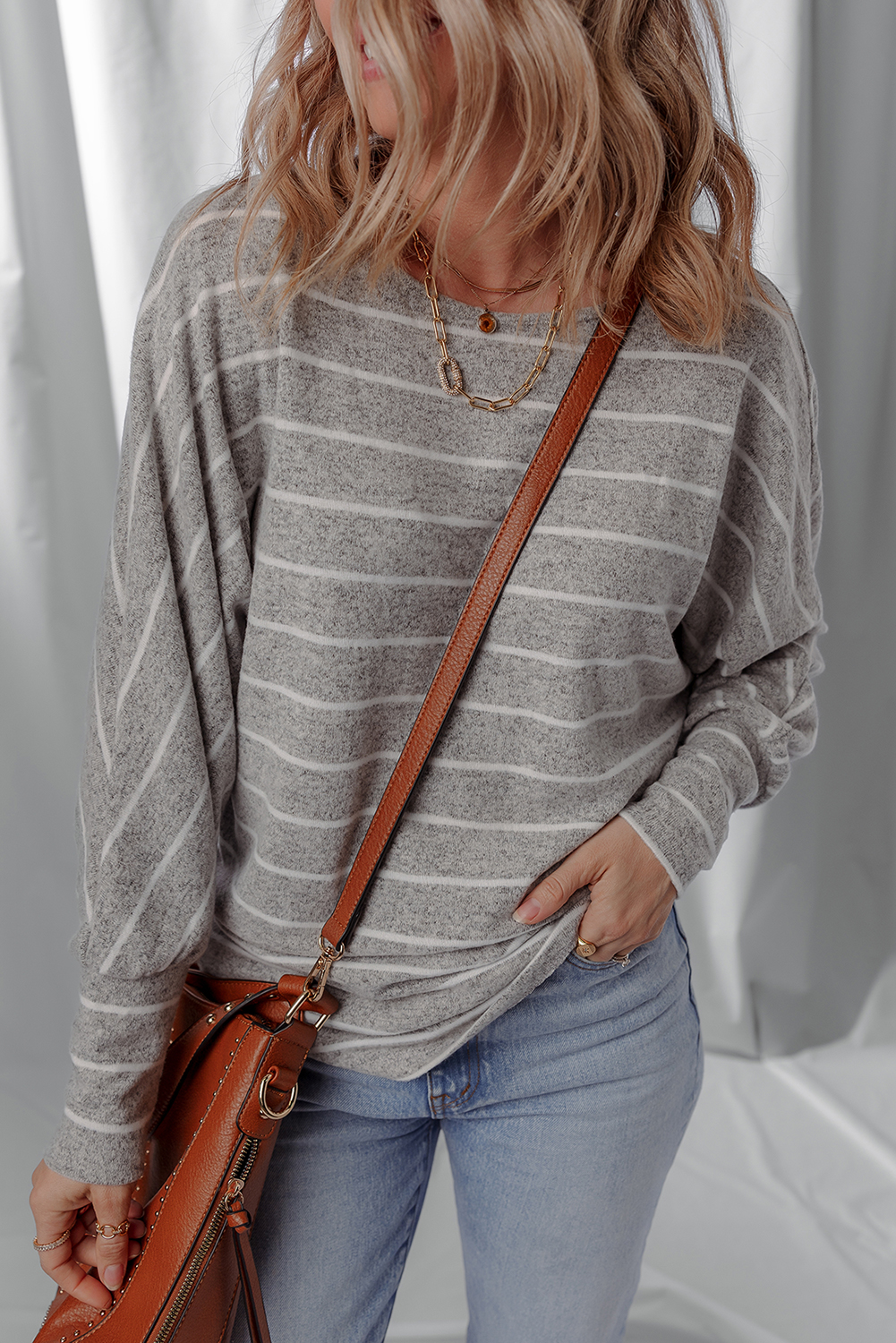 Gray Stripe Dolman Sleeve Drop Shoulder Top - loveforevers