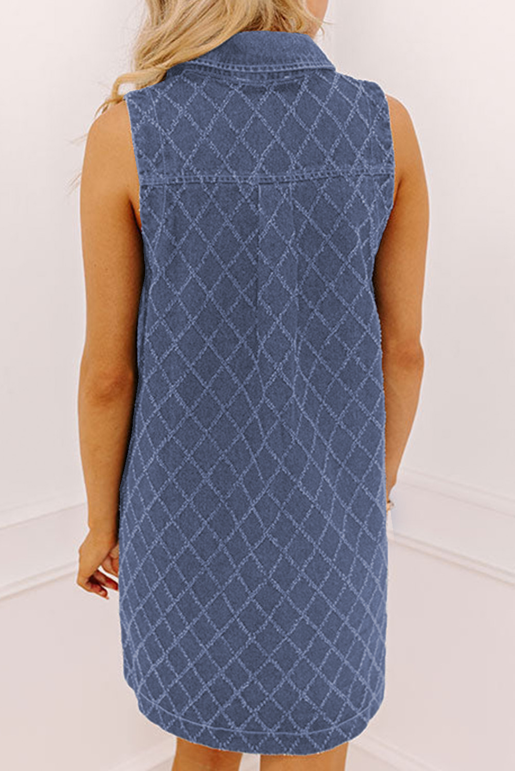 Sail Blue Rhombus Textured Collar Buttoned V Neck Denim Sleeveless Mini Dress - loveforevers