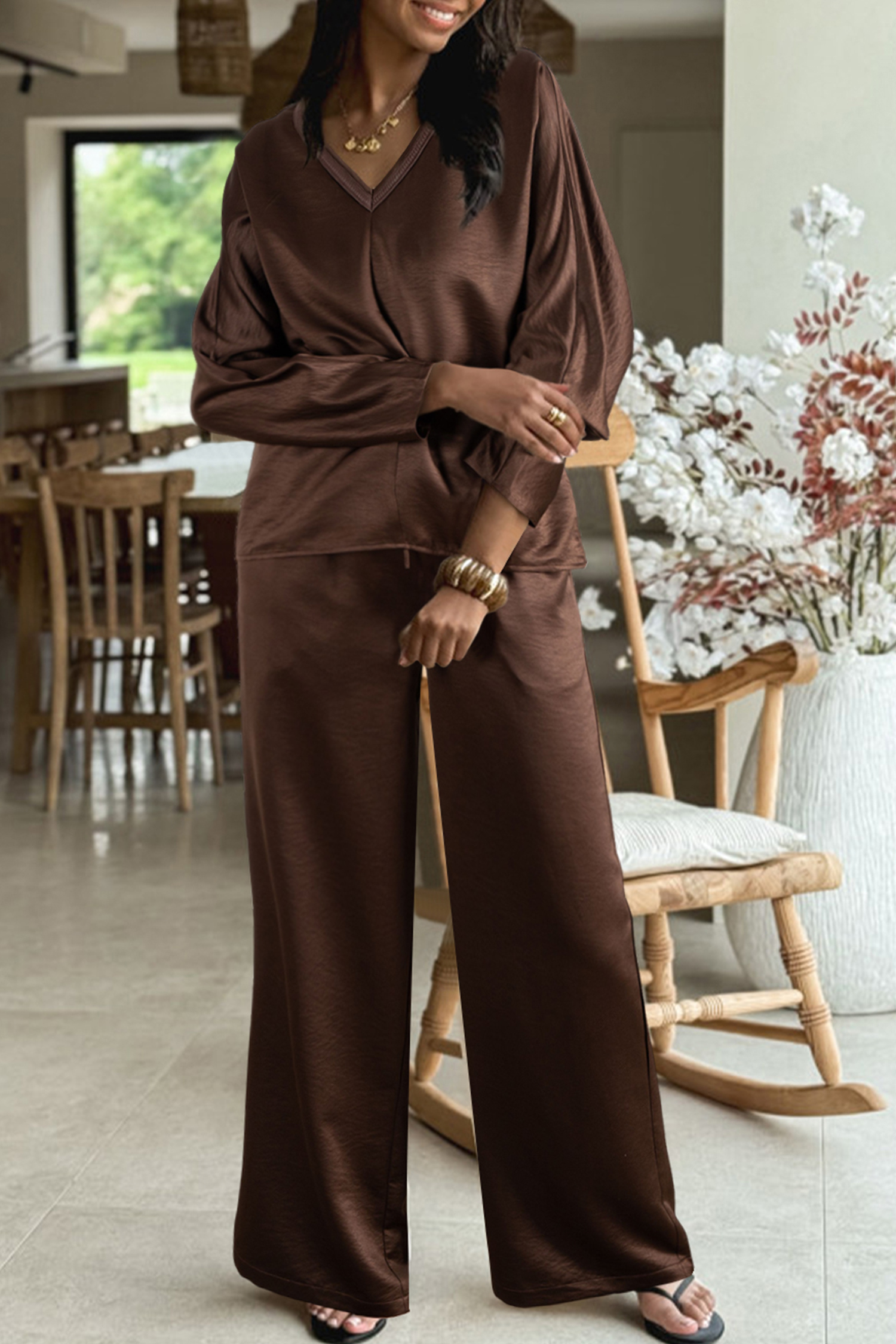 Dark Brown Braided V Neck Long Sleeve Loose Top and Drawstring High Waist Pants 2pcs Outfit - loveforevers