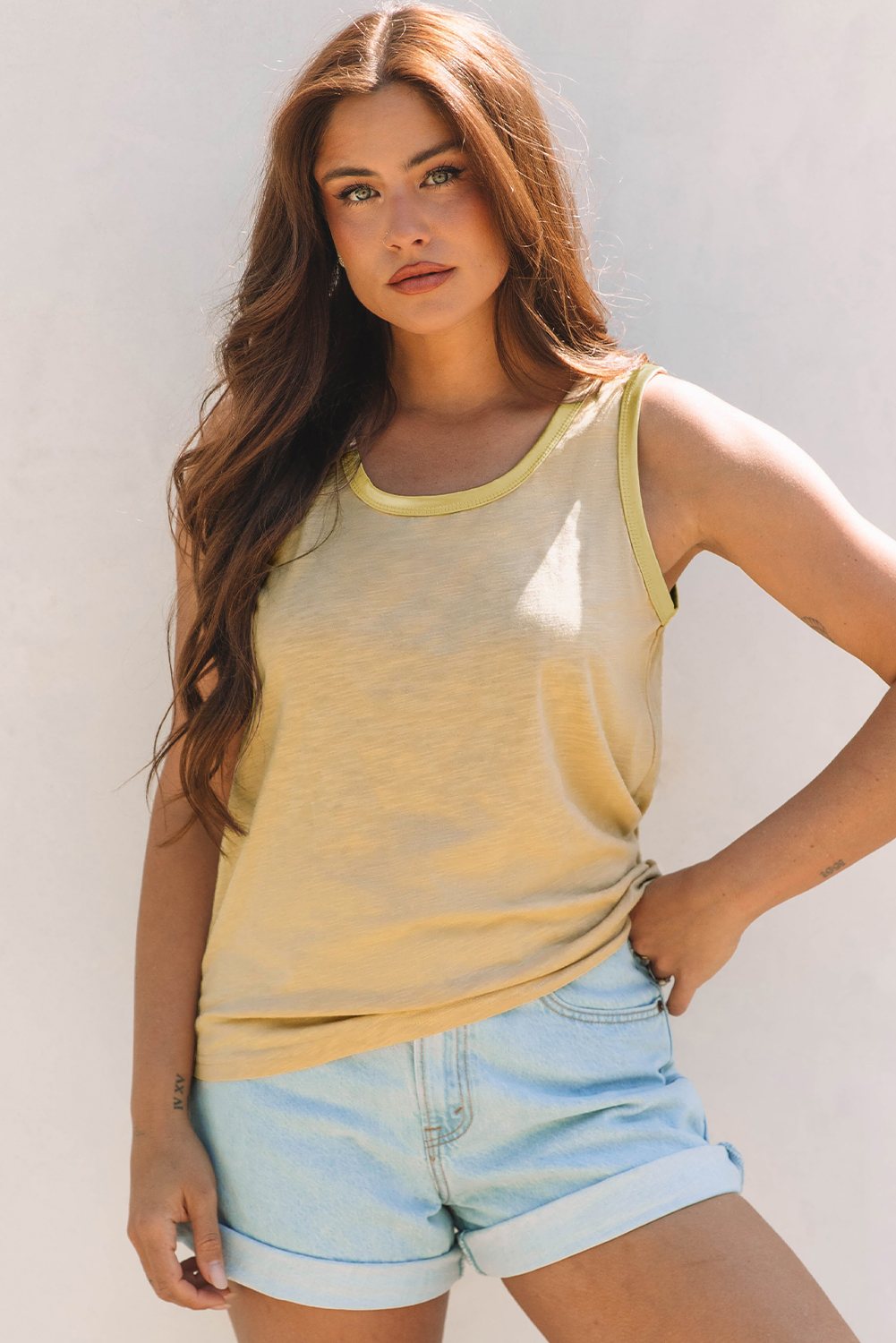 Tan Metallic Sheen Edge Scoop Neck Tank Top - loveforevers