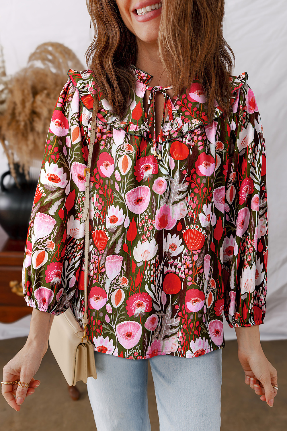 Red Floral Three Quarter Sleeve Lace-up Neck Blouse - loveforevers