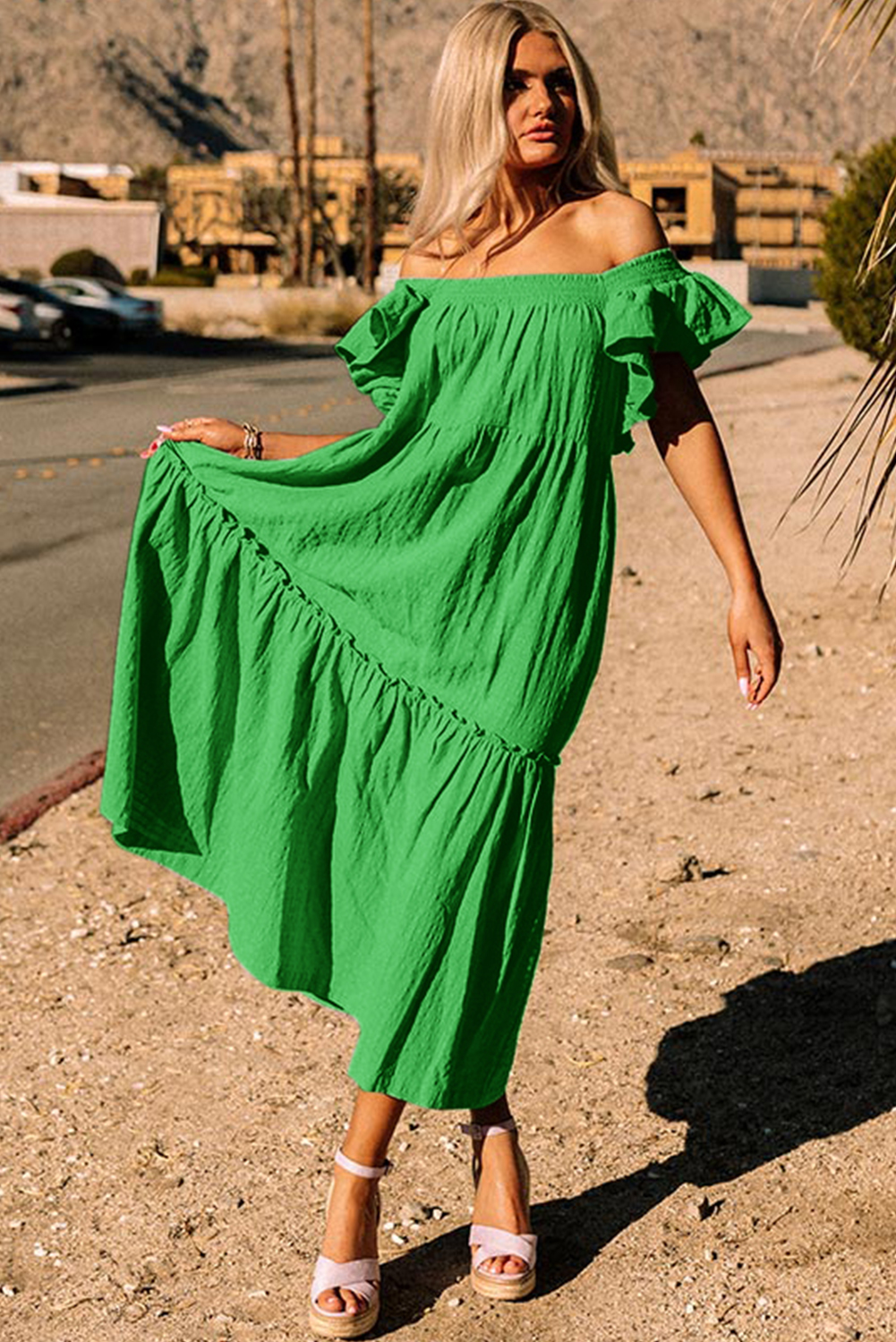 Sky Blue Ruffled Flutter Sleeve Square Neck Textured Tiered Maxi Dress - loveforevers