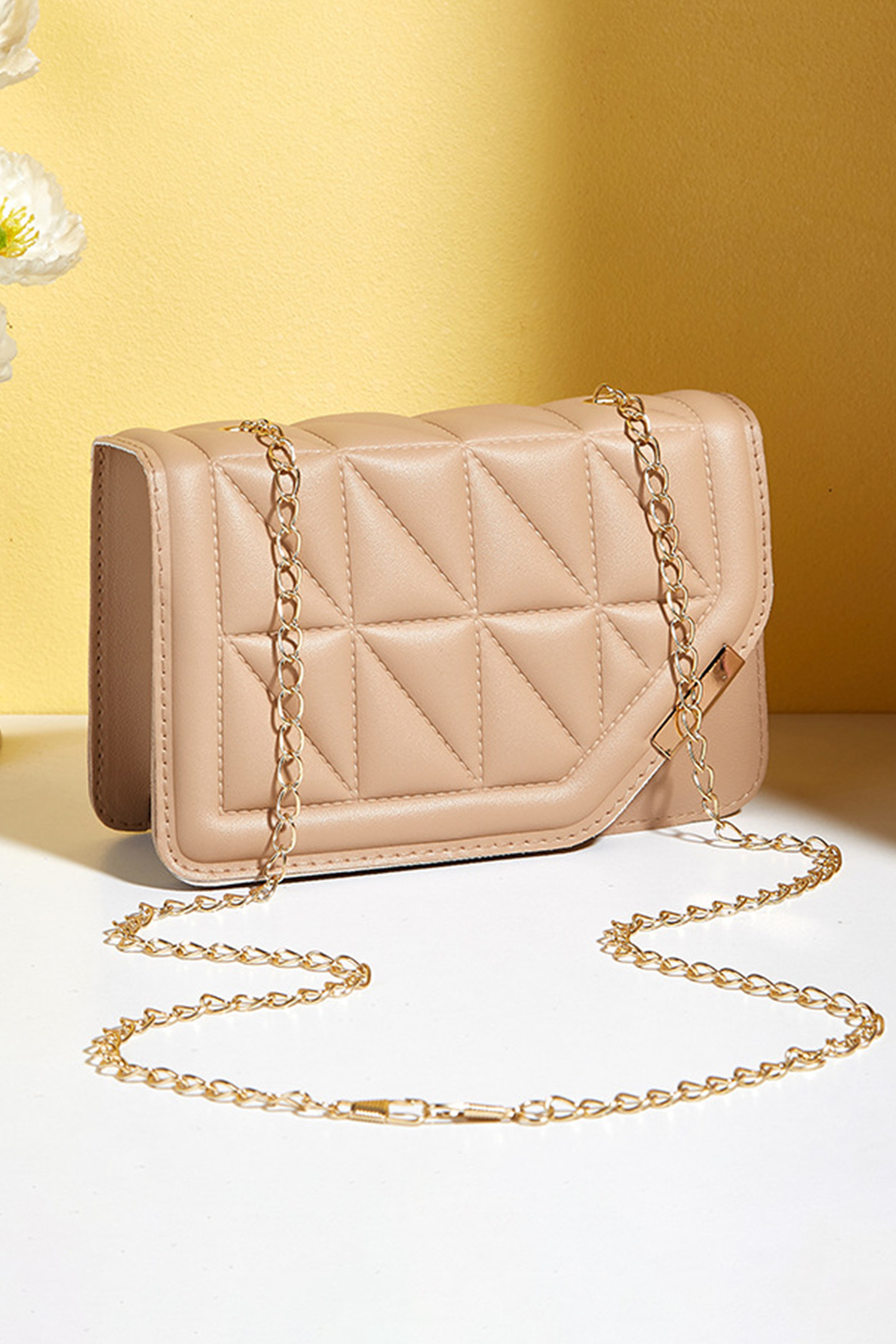 Khaki PU Leather Quilted Texture Asymmetric Cover Chain Strap Square Shoulder Bag - loveforevers
