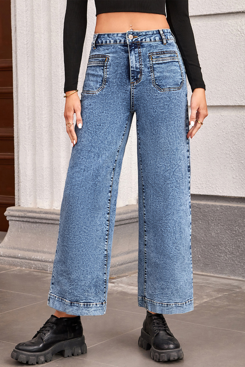 Light Blue Chic Patch Pocket Straight Leg Loose Jeans - loveforevers