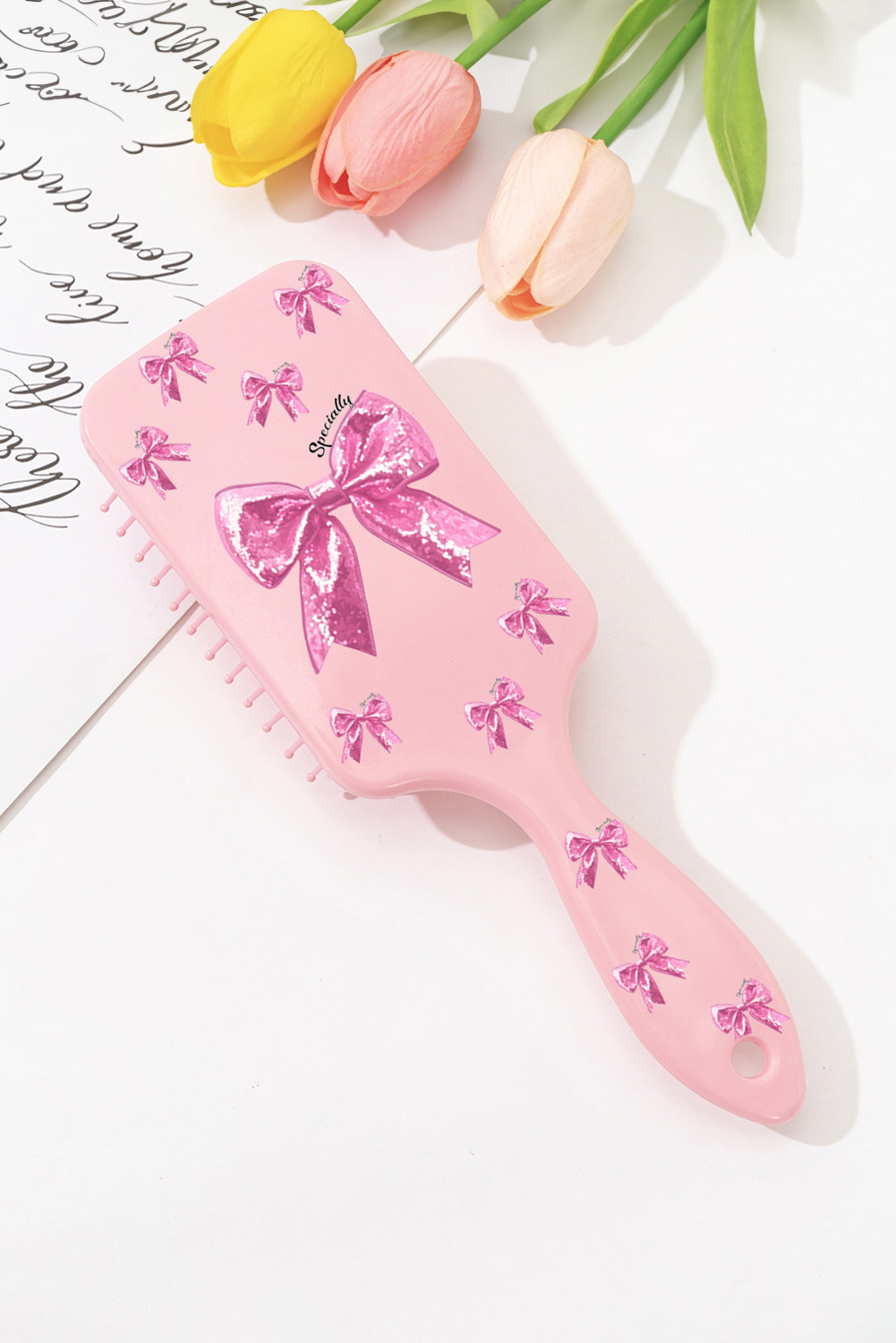 Gossamer Pink Glitter Bow Print Air Cushion Comb - loveforevers