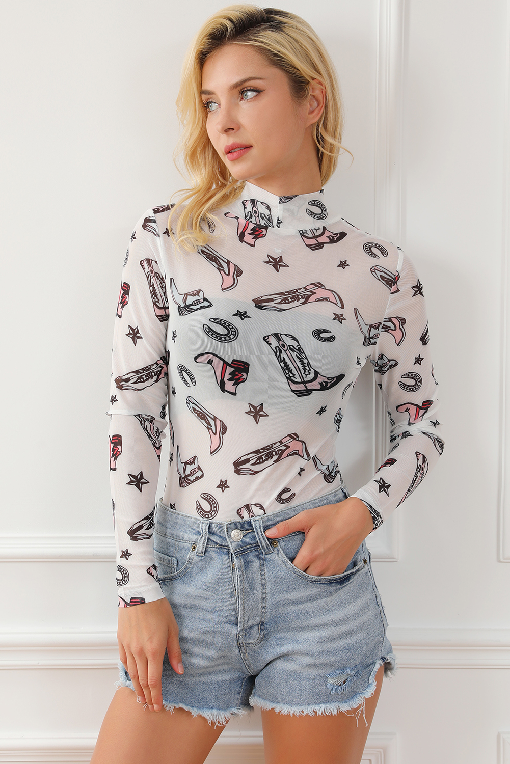 White Rodeo Bound Printed Long Sleeve Bodysuit - loveforevers