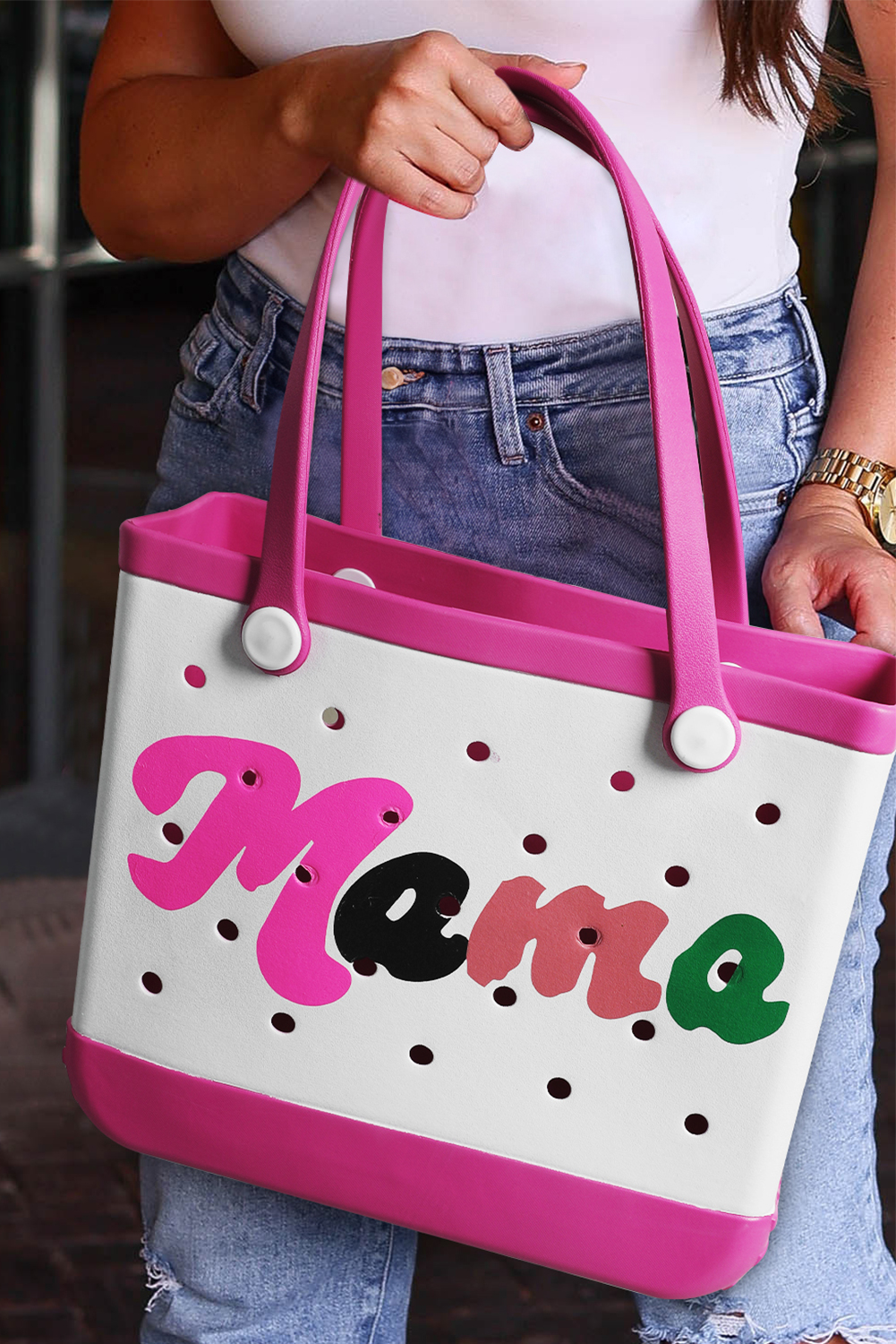Rose Red mama Print Self-assembly Straps Hollowed EVA Beach Bag - loveforevers