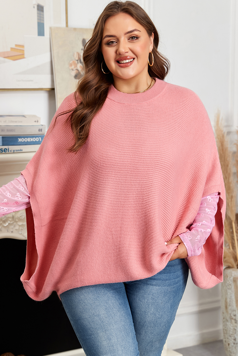 Light Pink Ribbed Knit Half Sleeve Plus Size Poncho Style Sweater - loveforevers