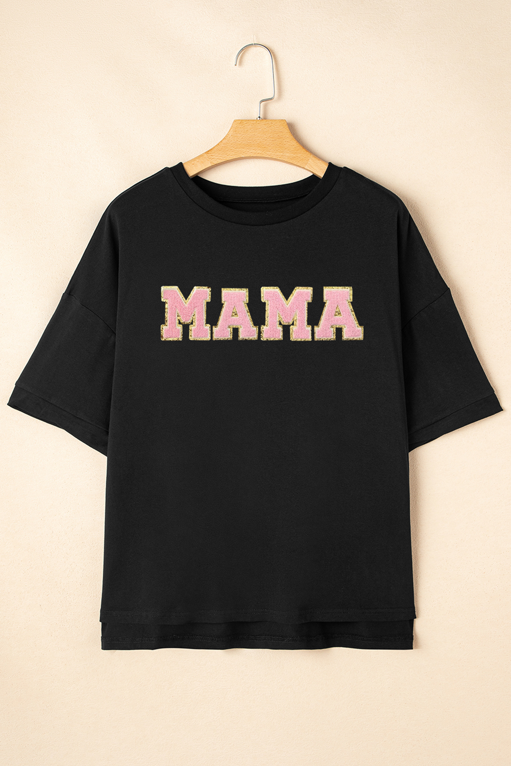 Black MAMA Patched Graphic Drop Shoulder Loose Tee - loveforevers