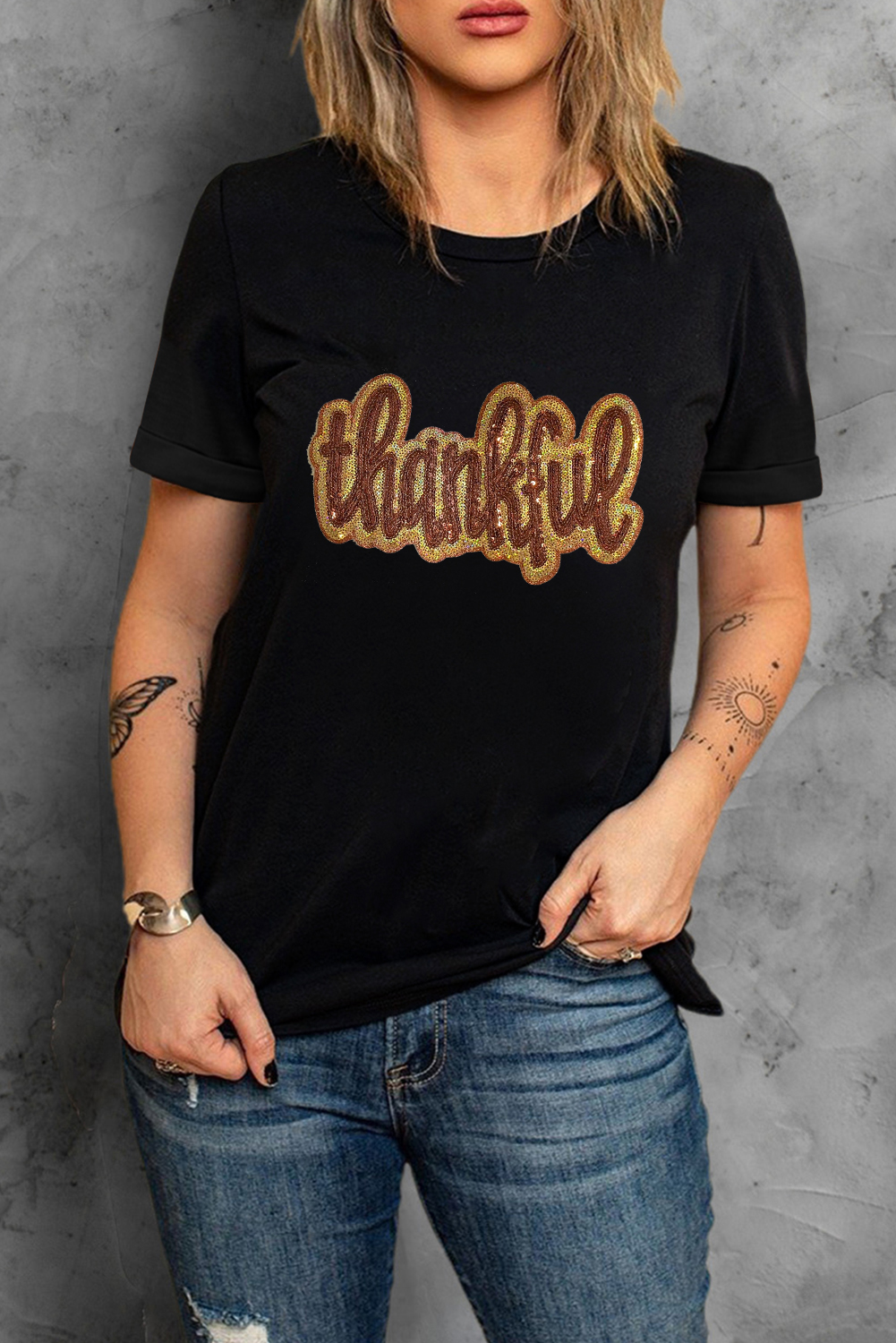 Black Sequined Thankful Round Neck Graphic Tee - loveforevers