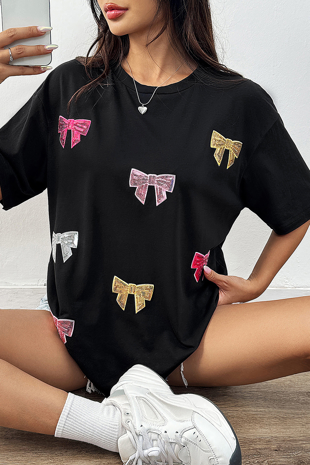 Black Shiny Bow Loose T Shirt - loveforevers